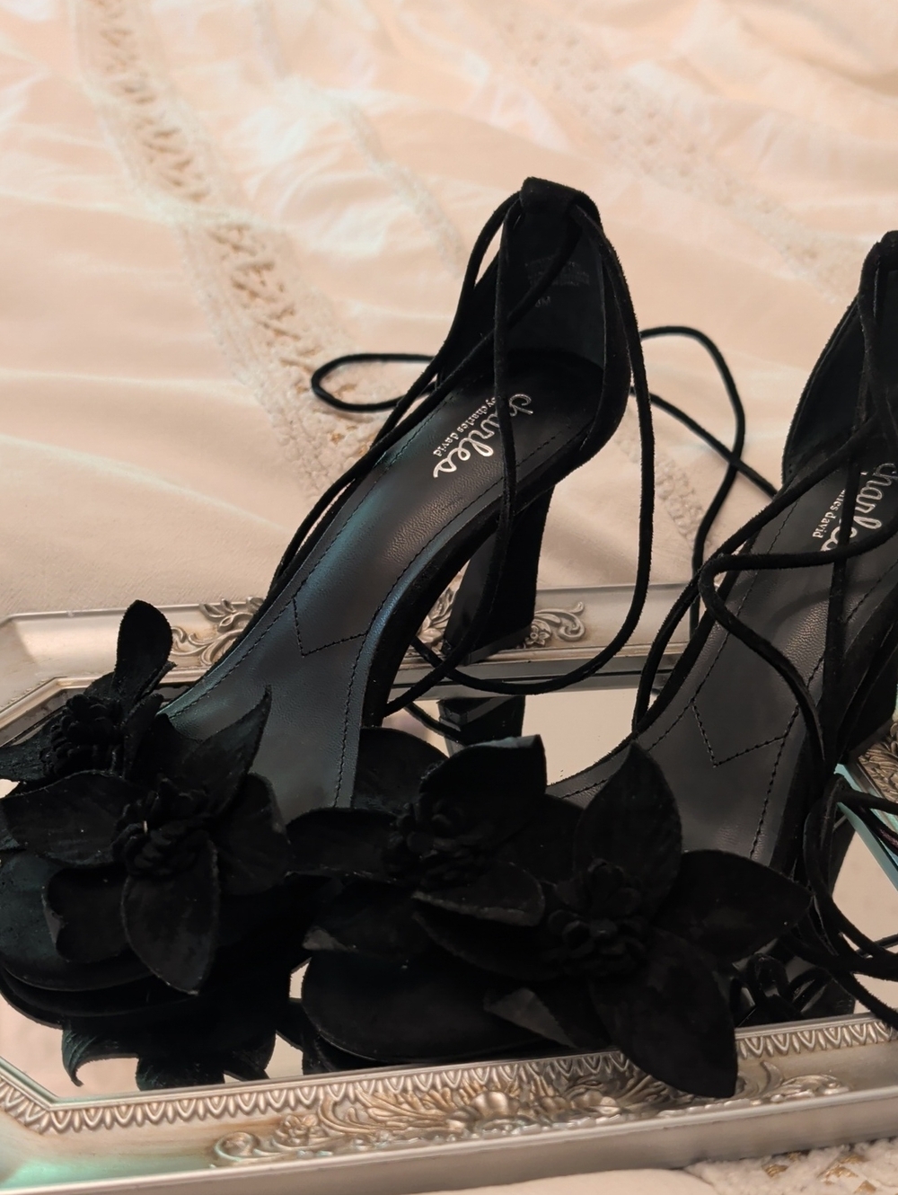 Charles By Charles David Black Floral Lace-Up Heeled Sandals